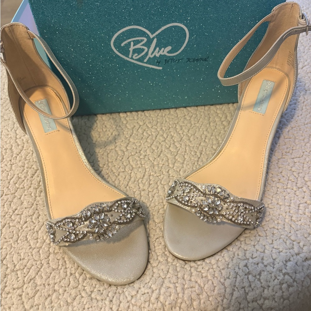 Blue by Betsey Johnson Beaded Silver Open-Toe Ankle-Strap Heels